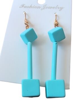 Turquoise Blue Geometric Dangle Earrings Cube Drop Minimalist Retro Mod Jewelry